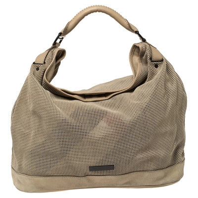 Pre-owned Burberry Beige Perforated Suede And Leather Oversized Hobo