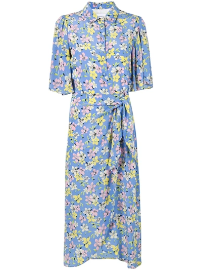 Les Rêveries Floral-print Silk Wrap Shirt Dress In Blue