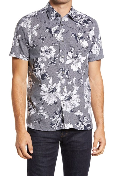 Ted Baker Peanut Floral Short Sleeve Cotton Button-up Shirt In Navy