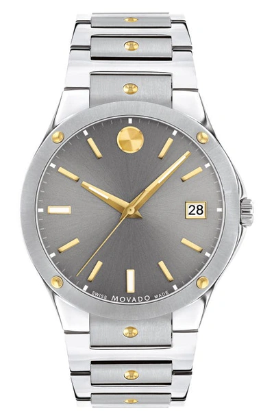 Movado Men's 41mm Se Steel Bracelet Watch W/ Yellow Gold In Black Dial