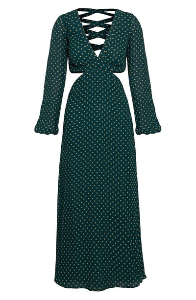 Afrm Lowell Long Sleeve Floral Print Dress In Forest Green Polka Dot