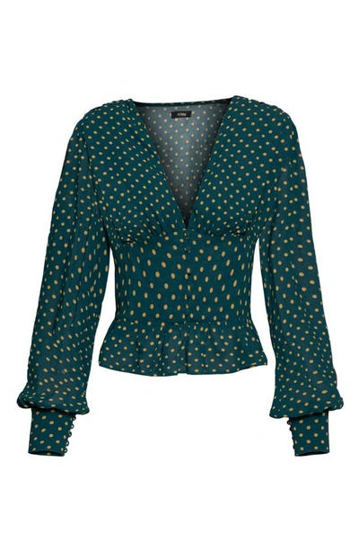 Afrm Olivier Button Front Crepe Top In Forest Green Polka Dot