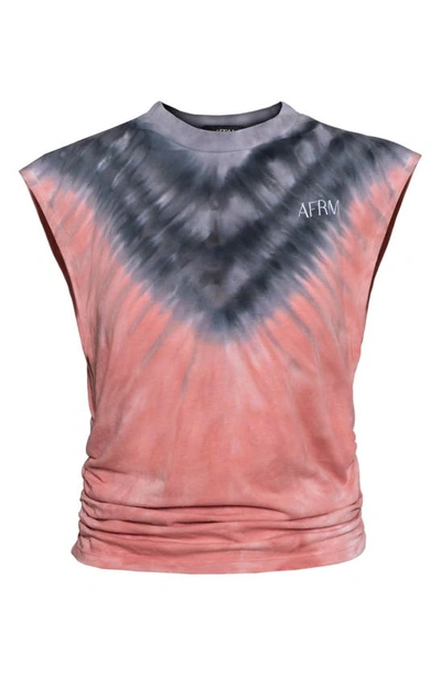 Afrm Billie Side Ruched Crop Tank In V-placement Tan Tie Dye