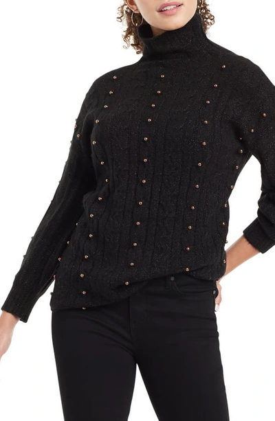 Nic + Zoe Majestic Beaded Cable Knit Metallic Turtleneck Sweater In Black Onyx