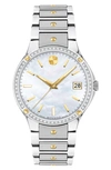 Movado Women's Swiss Se Diamond (1/5 Ct. T.w.) Gold-tone Pvd & Stainless Steel Bracelet Watch 32mm In White Mother Of Pearl Dial