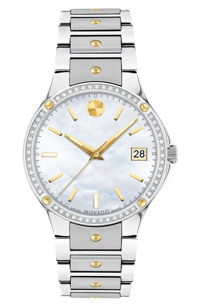 Movado Women's Swiss Se Diamond (1/5 Ct. T.w.) Gold-tone Pvd & Stainless Steel Bracelet Watch 32mm In Two Tone