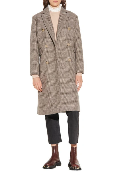 Sandro Plaid Double Breasted Wool Blend Coat In Multicolor