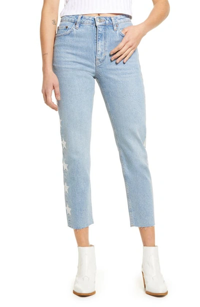 Topshop Bleach Diamante Star Straight Leg Jeans In Blues