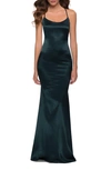 La Femme Strappy Stretch Satin Trumpet Gown In Emerald