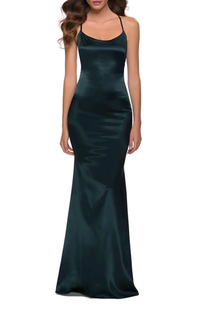 La Femme Strappy Stretch Satin Trumpet Gown In Emerald