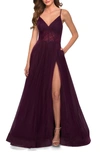 La Femme Tulle A-line Slit Gown With Illusion Bodice In Purple