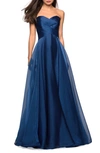 La Femme Strapless Metallic Organza Gown In Navy