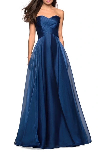 La Femme Strapless Metallic Organza Gown In Navy