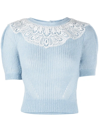 Self-portrait Lace-trimmed Crystal-embellished Sweater In Light Blue