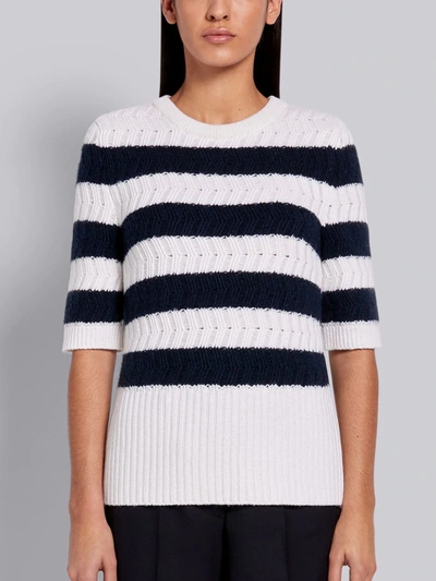 Thom Browne White Cashmere Rackiting Stich Striped Crewneck Short Sleeve Tee In Blue