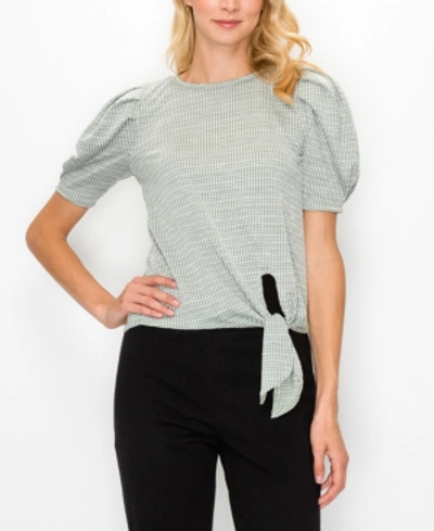 Coin 1804 Women's Jacquard Knit Front Tie Pleat Top In Sage Ivory