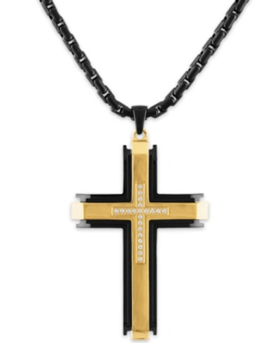 Macy's Men's Diamond (1/10 Ct. T.w.) Cross Pendant 22" Chain In Stainless Steel With Black And Gold Tone Io