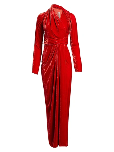 Rick Owens Draped Crushed-velvet Wrap Gown In Cardinal Red