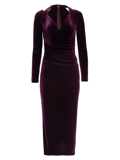 Talbot Runhof Long-sleeve Velvet Cocktail Dress In Aubergine