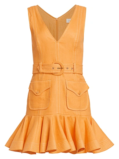 Zimmermann Women's Super 8 Belted Linen Mini Flounce Dress In Mango