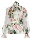 Dolce & Gabbana Women's Silk Organza Rose-print Tieneck Blouse In White Pink