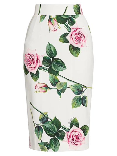 Dolce & Gabbana Women's Rose Print Cady Tubino Skirt In White Pink
