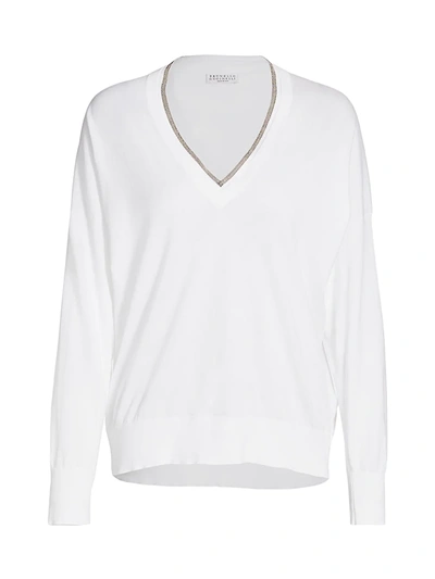Brunello Cucinelli Women's Monili V-neck Knit Sweater In White