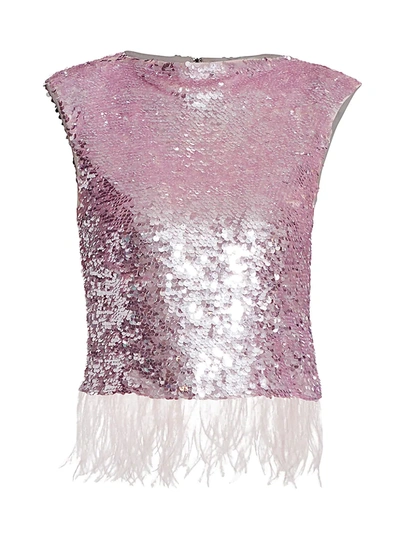 Rachel Gilbert Max Feather-trimmed Sequined Stretch-tulle Top In Rosewater