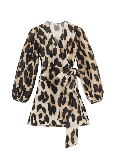 Ganni Women's Leopard Silk Linen Midi Dress In Maxi Leopard