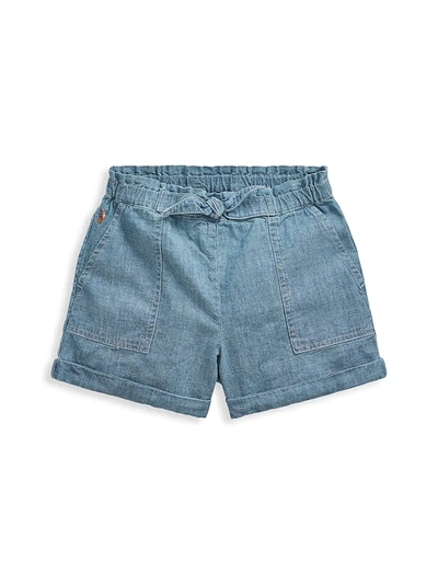 Ralph Lauren Kids' Girl's Cotton Chambray Camp Shorts In Indigo Blu