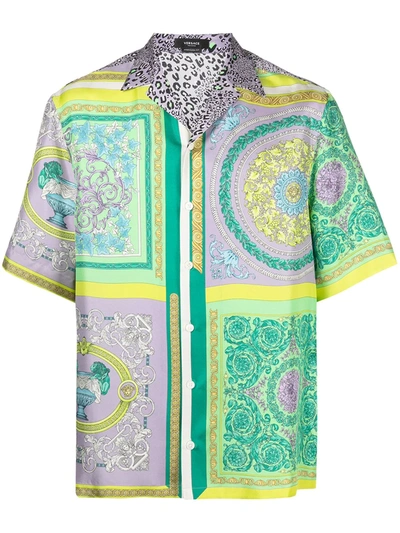 Versace Barocco Mosaic Silk Short Sleeve Button-up Shirt In Light Purple