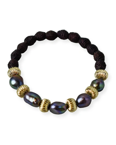 Akola Delilah 12mm Baroque Peacock Pearl & Raffia Beaded Stretch Bracelet In Black