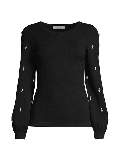 Milly Pearl Embellished Knit Puff-sleeve Sweater In Black