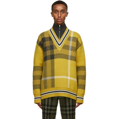 Burberry Men's Fairhurst V-neck Plaid Knit Sweater In Bright Yellow