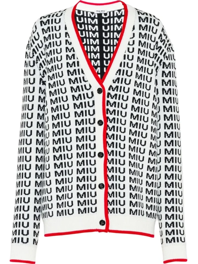Miu Miu All Over Logo Wool Knit Cardigan In Ivory