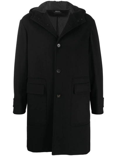 Z Zegna Hooded Single-breasted Coat In Black