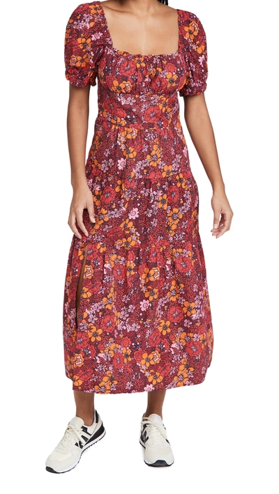 Rahi Floral Midi Dress In Red/burgundy/orange