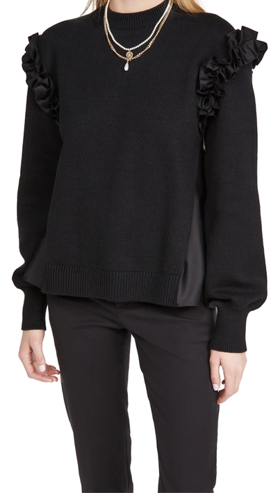 Adeam Mixed-media Ruffle Sweater In Black