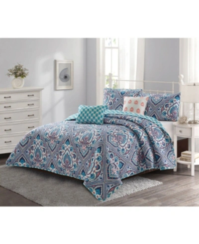 Harper Lane Merriam 5 Piece Quilt Set /coral Full/queen Bedding In Blue