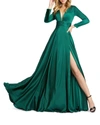 Mac Duggal V-neck Long-sleeve Satin Thigh-slit Gown In Emerald