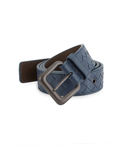 Bottega Veneta Men's Intrecciato Woven Leather Belt In Denim