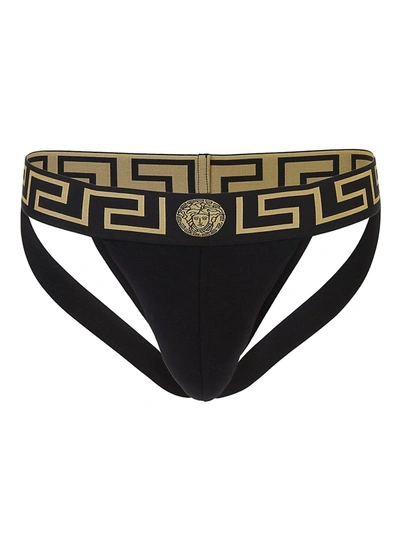 Versace Cotton Jockstrap With Greek Motif In Black Gold Greek Key