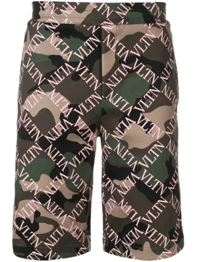 Valentino Logo Grid Camouflage Print Shorts In Green