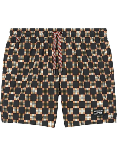 Burberry Greenford Checkerboard Swim Trunks In Brown