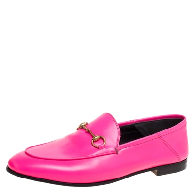 Pre-owned Gucci Neon Pink Leather Horsebit Loafers Size 40