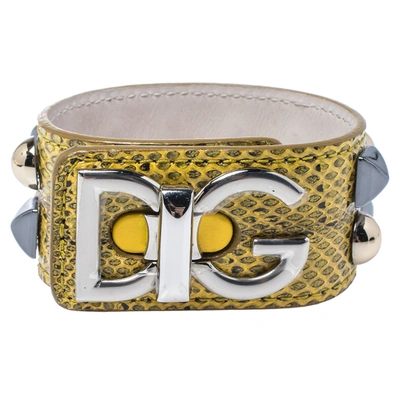 Pre-owned Dolce & Gabbana Logo Python Three Tone Metal Leather Bracelet L In Multicolor