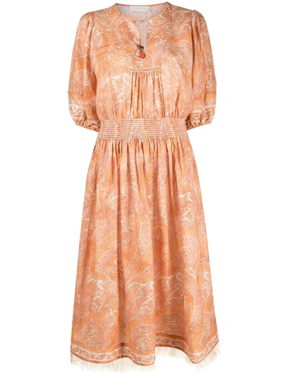 Zimmermann Paisley Brighton Shirred-waist Midi Dress In Orange