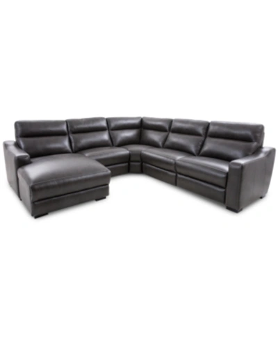 Furniture Gabrine 5-pc. Leather Sectional With 2 Power Headrests And Chaise, Created For Macy's In Charcoal