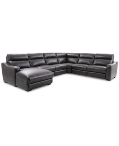 Furniture Gabrine 6-pc. Leather Sectional With 3 Power Headrests And Chaise, Created For Macy's In Charcoal