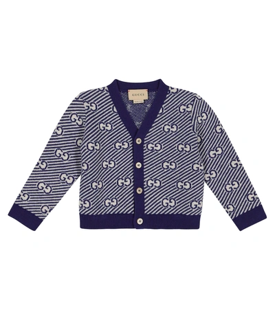 Gucci Babies' Gg Jacqurd Cardigan In Blue Wool In 蓝色